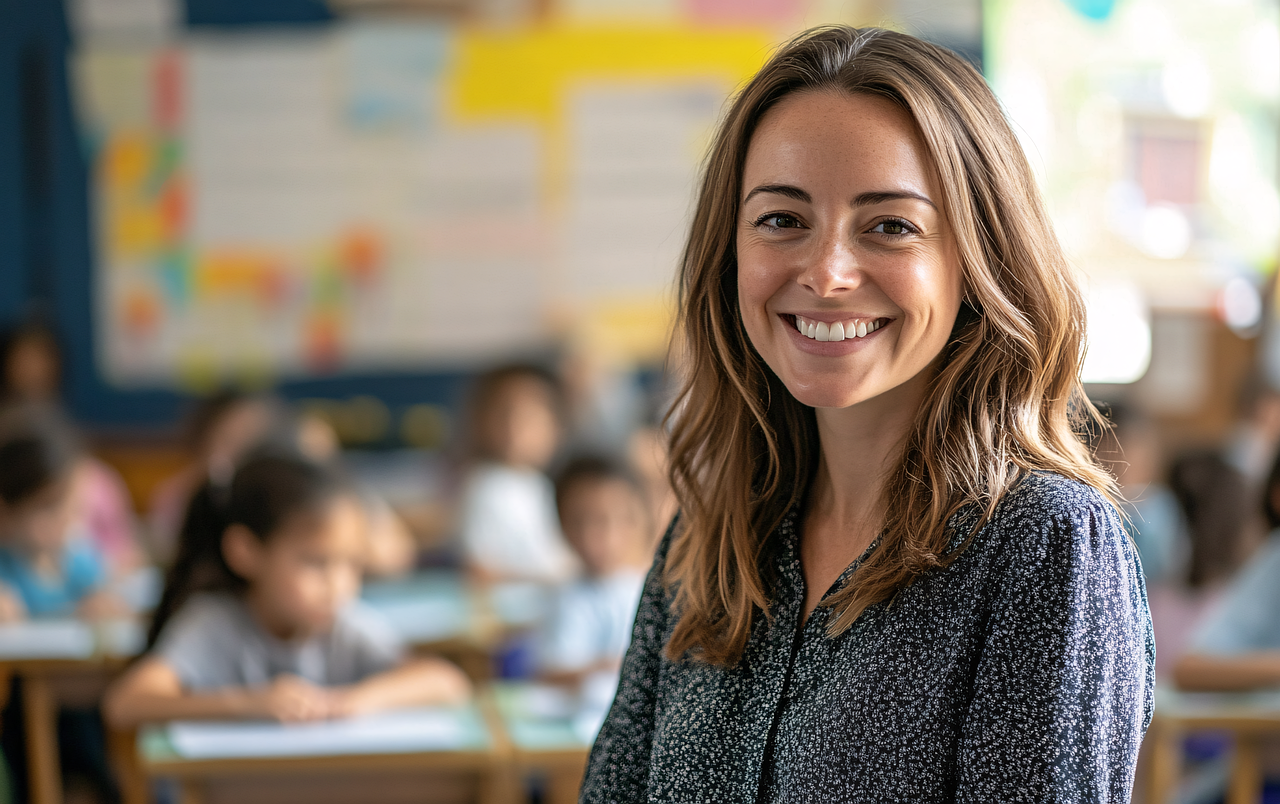 ai generated, teacher, classroom, education, school, learning, students, teaching, professional, instructor, smile, confident, happy, educator, mentor, academic, leadership, classroom-environment, knowledge, positive, children